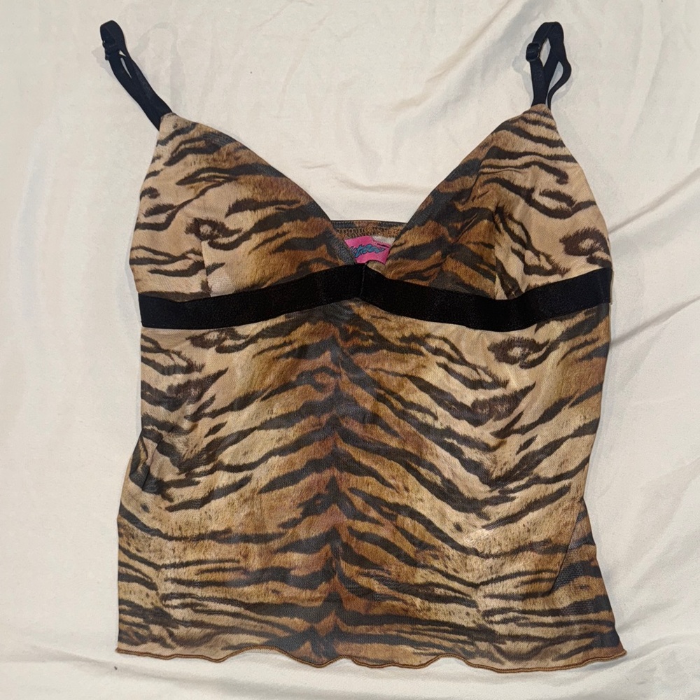 Edikted Tiger Print Mesh Cami Top with Black Trim